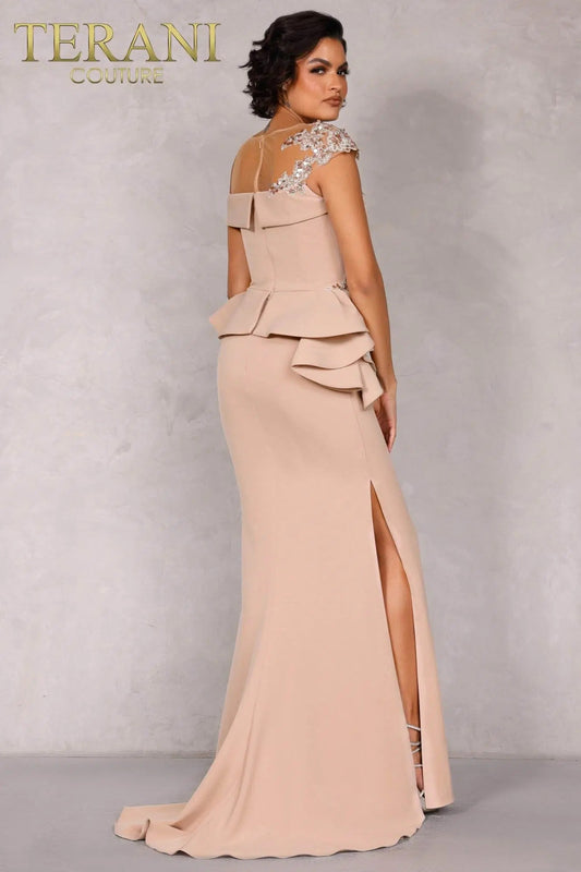 Robe longue de mère de la mariée en satin extensible dans les deux sens couleur moka blush modèle 2111M5260