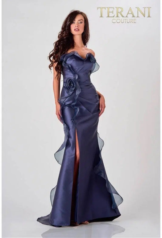 Robe de soirée élégante bleu marine à volants modèle 2111E4743