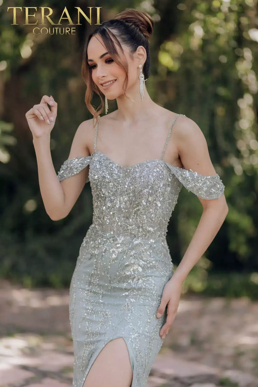 Off-Shoulder Mermaid Spaghetti Strap Sparkly Evening Dress Style 232E1215