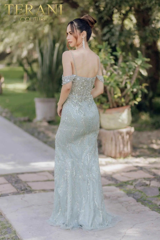 Off-Shoulder Mermaid Spaghetti Strap Sparkly Evening Dress Style 232E1215