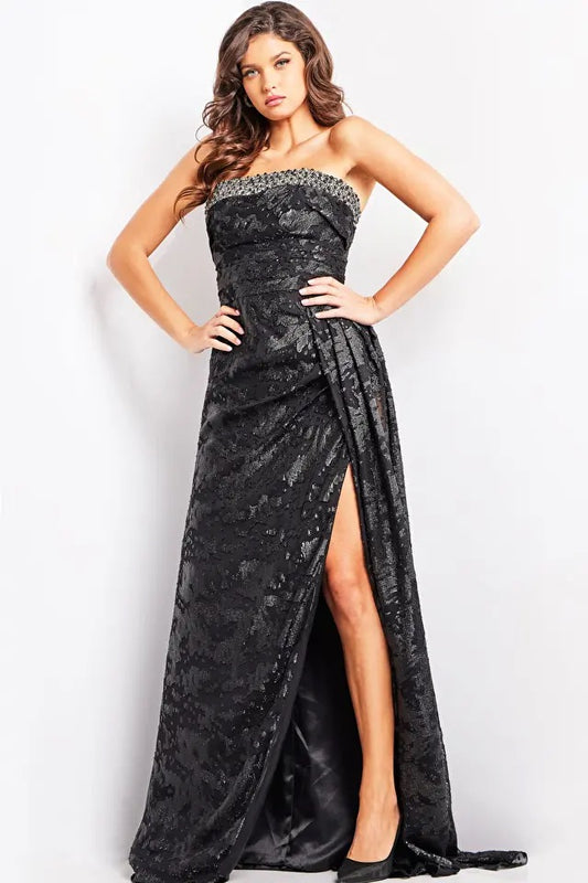 Black Strapless High Slit Dress Style 23892