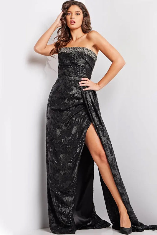 Black Strapless High Slit Dress Style 23892