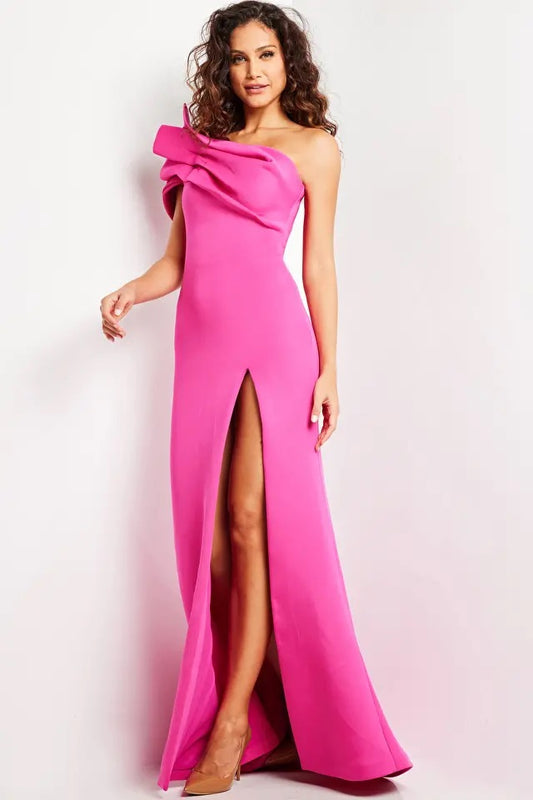 Robe fuchsia asymétrique à fente haute modèle 24018