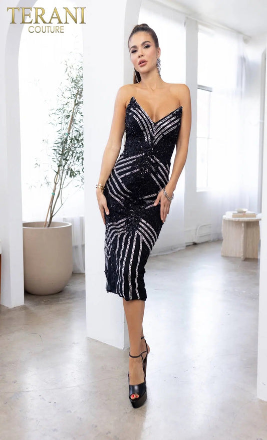 Bodycon Strapless Tulle Black Silver Column Evening Dress Style 241C2301