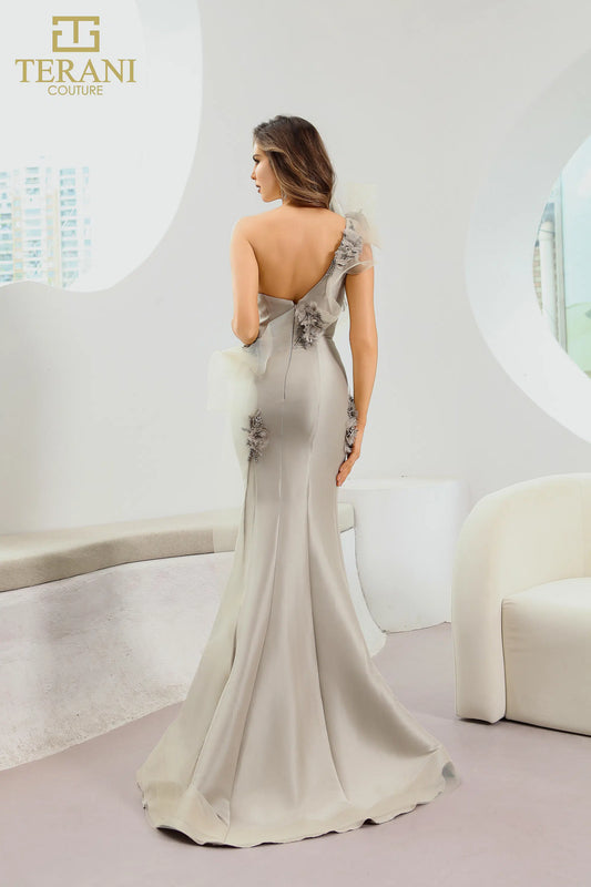 Stretch Mikado Asymmetric One Shoulder Long Trumpet Dress Style 242E3114