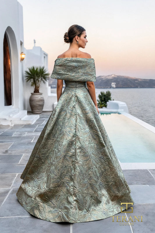 Terani - Off-Shoulder Jacquard A-Line Ballgown with Shawl Sleeves - 261M6453