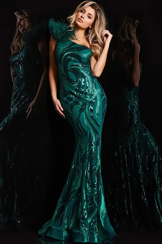 One Shoulder Feather Embellished Gown Style 32596