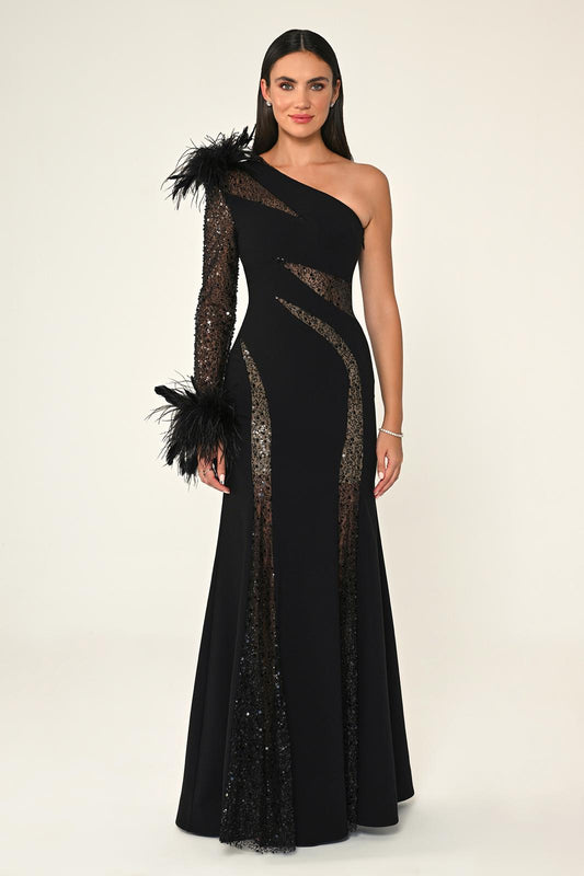 Sequinned Feather-Trimmed Evening Gown Style B6693