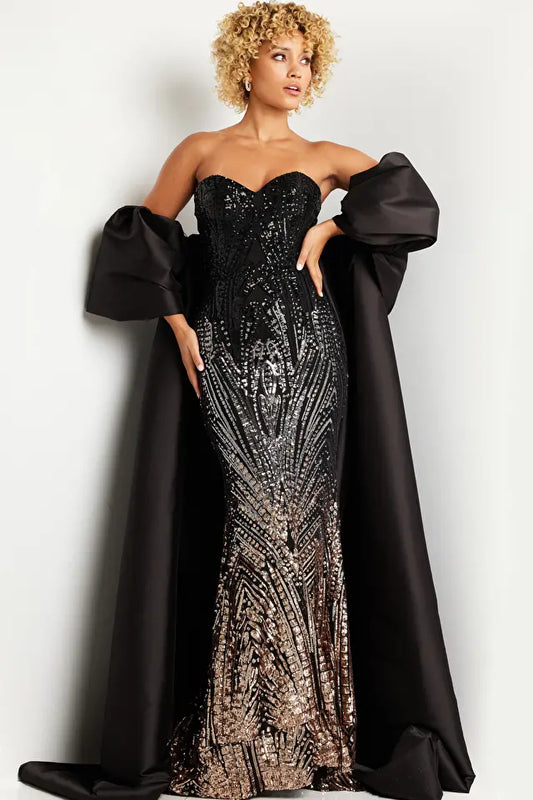 Black Brown Embellished Strapless Gown Style 38746