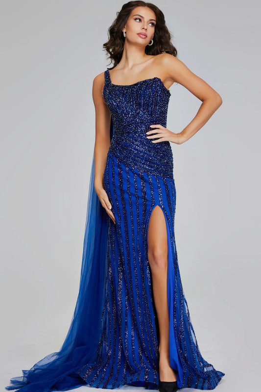 One Shoulder Navy Gown with Beaded Details and Slit Style 39386