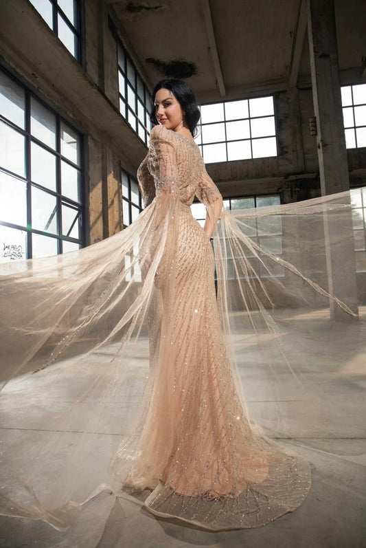 Beaded Dress With V-Neckline Long Sleeves Gown Style 26153