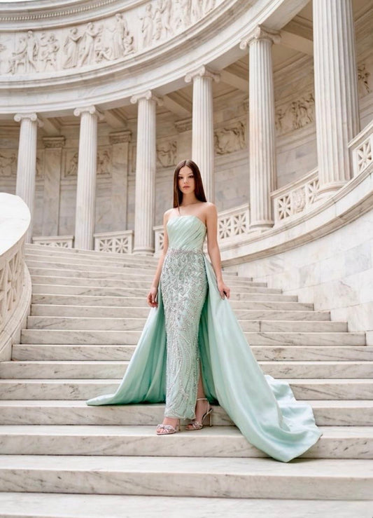 Neyom - Embellished Strapless Gown with Overskirt - 3362