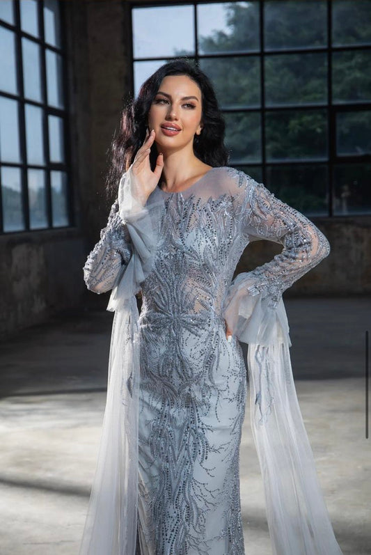 Beaded Dress With Sheer Long Sleeves And Floor Length Gown Style HM022