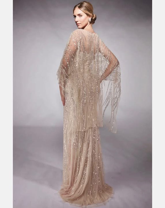 Alyce Paris - Sheer Cape Sleeves Sequined Gown - 27754