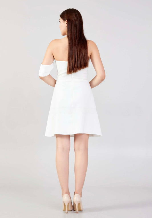 One Shoulder Mini Crepe Beaded Dress Style 23-419