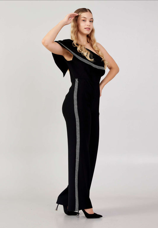 One Shoulder Crepe with Stones JumpSuit Style 23-360BB