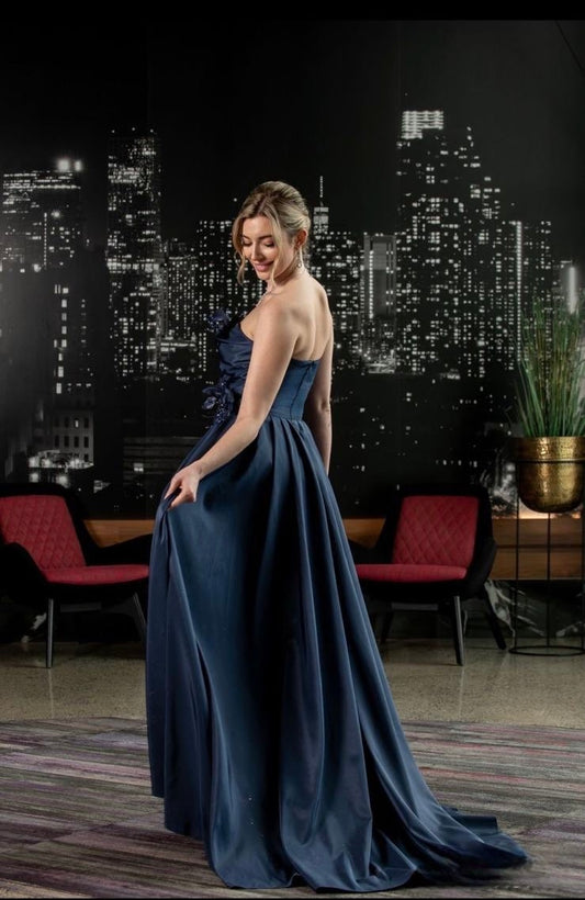 Strapless Satin Gown with Flowers On The Sides Style E40202