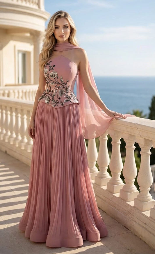 In Couture - pleated gown structured bodice with intricate beaded floral embroidery - 6224