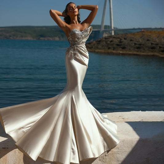 Strapless Dramatic Beaded Satin Mermaid Gown Style 5372