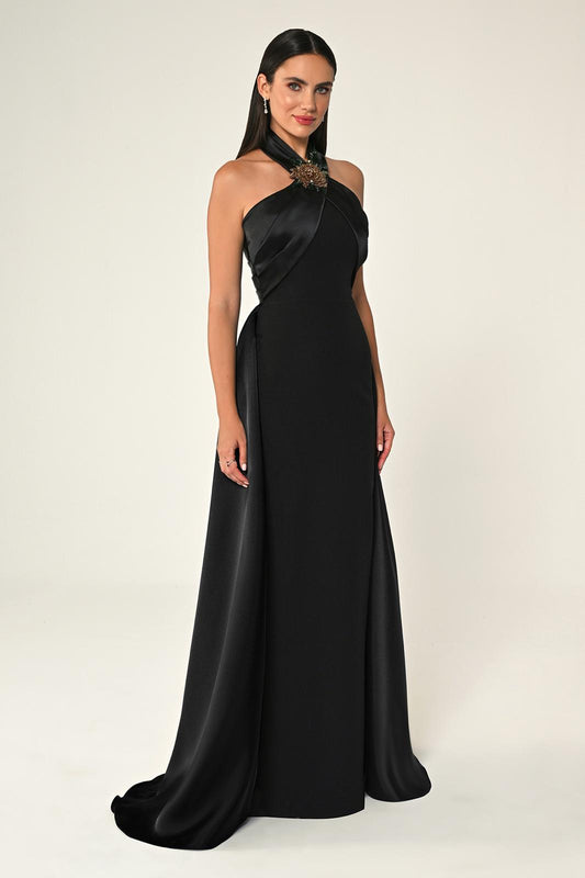 Asymmetrical Satin Evening Gown With Floral Embellishment Style B6809