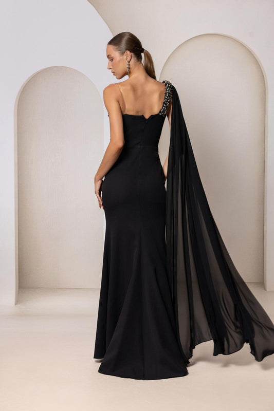 Elegant One Shoulder Gown with Embellished Draped Detail Style 8136