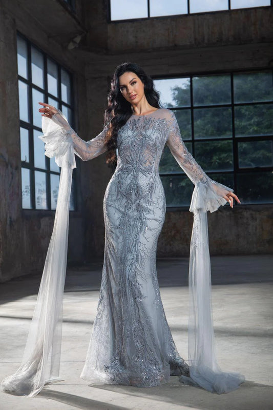 Beaded Dress With Sheer Long Sleeves And Floor Length Gown Style HM022