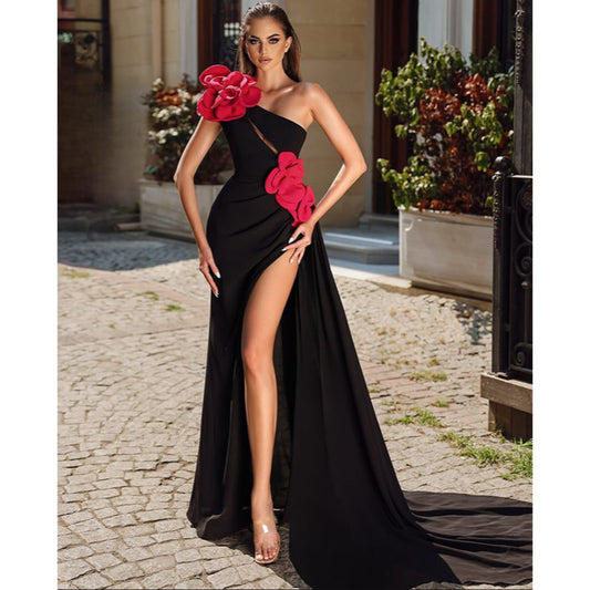 One Shoulder Stylish Crepe Gown With Dramatic Flower Style 5652