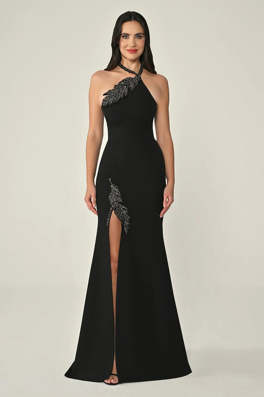 Halter Neck Leaf Embroidered Long Dress Style MA-B7092-001