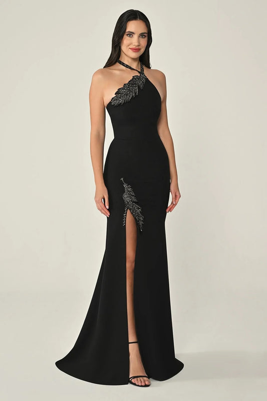 Halter Neck Leaf Embroidered Long Dress Style MA-B7092-001