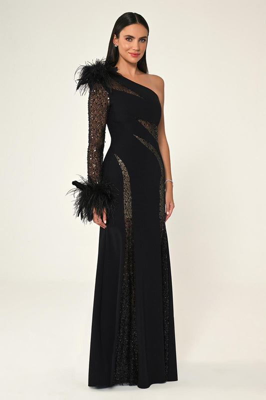Sequinned Feather-Trimmed Evening Gown Style B6693