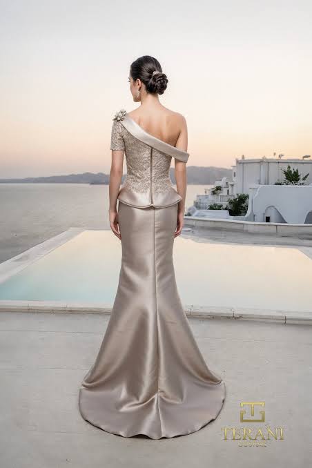 Terani - Asymmetric One-Shoulder Mikado & Lace Sheath Gown with Peplum - 261M6408