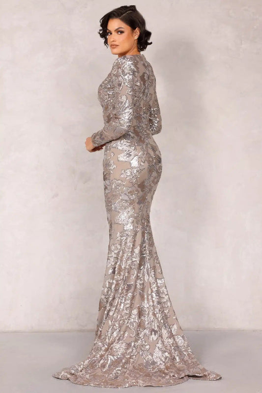 Terani - Robe de soirée longue en maille pailletée à manches longues taupe argent – ​​2021E2840