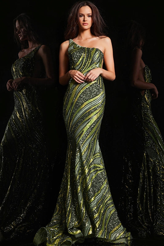 Jovani - Robe verte à une épaule perlée - 24031