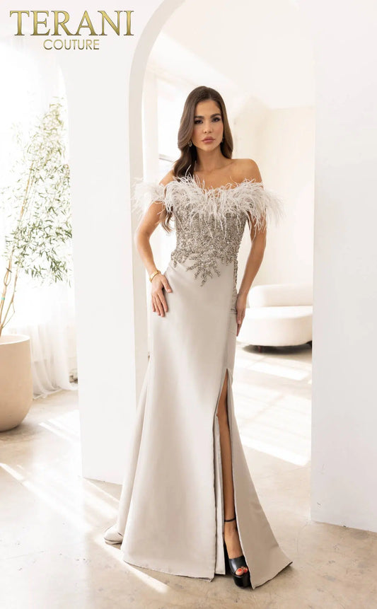 Sparkly Off The Shoulder With High Slit Gown Dress Style 241E2490