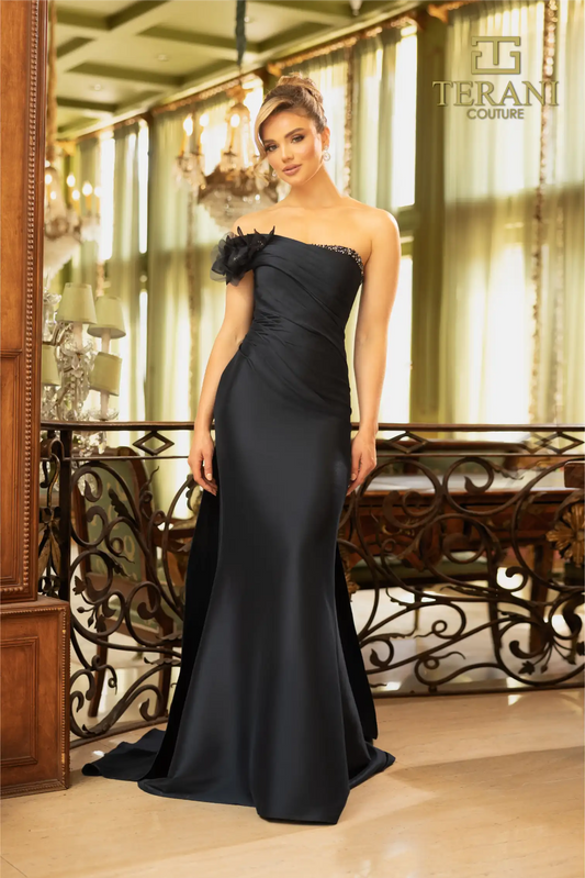 Robe longue trompette asymétrique en mikado extensible, modèle 242M3314