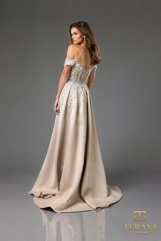 Terani - Matte Satin Sweetheart Off-shoulder A-line Dress - 251E3233