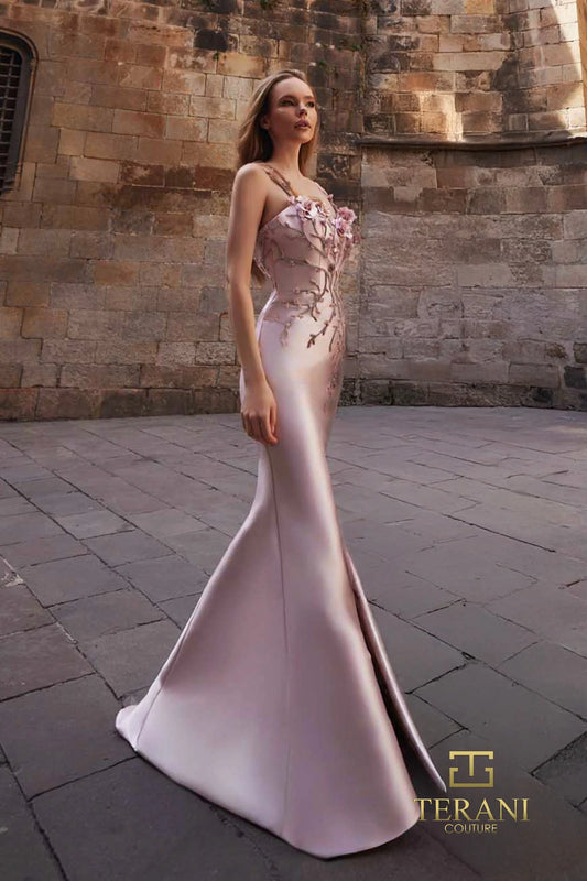 Terani - Spaghetti Strap Mikado Fitted Gown with Slit - 261E6632