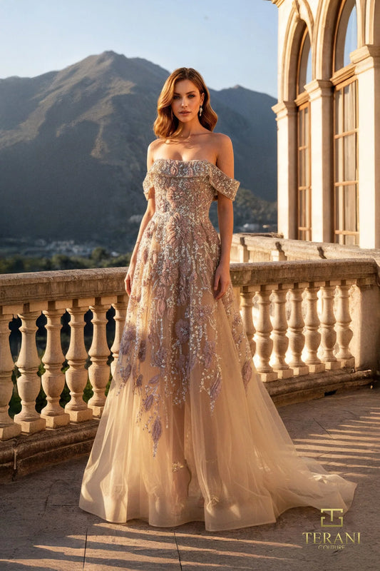 Terani - Off-Shoulder Beaded Tulle A-Line Gown - 261M6435