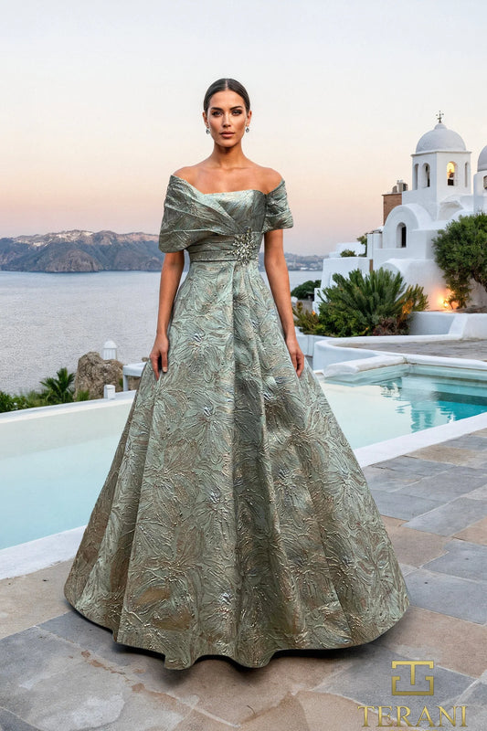 Terani - Off-Shoulder Jacquard A-Line Ballgown with Shawl Sleeves - 261M6453