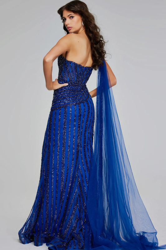 One Shoulder Navy Gown with Beaded Details and Slit Style 39386