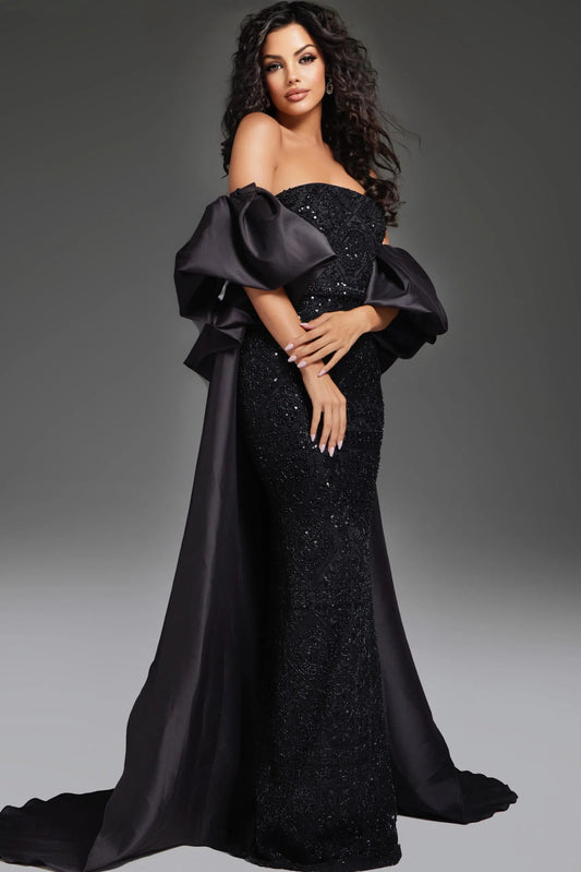 Strapless Black Beaded Gown with Voluminous Satin Drape Style 42137