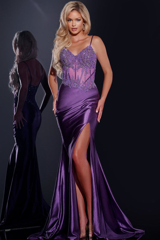 Fitted Satin Gown with Beaded Bodice and High Slit Style 42259