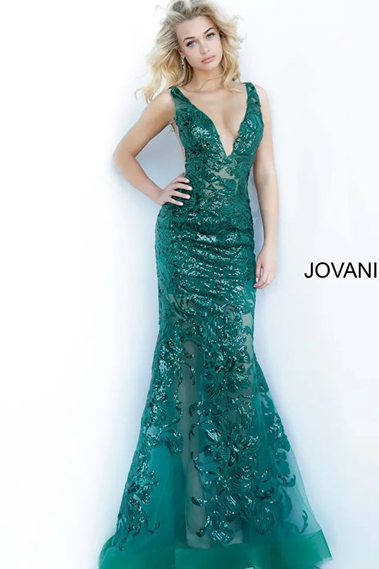 Jovani - Robe rouge ornée à décolleté plongeant - 60283