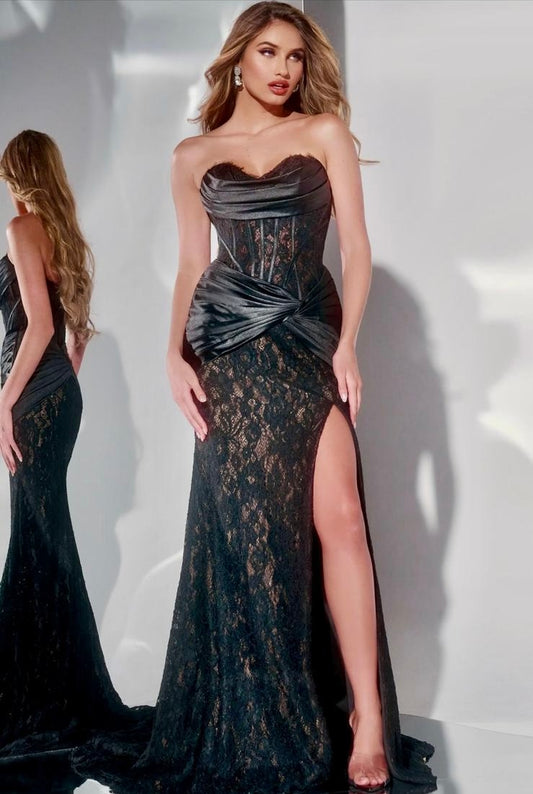 Strapless Black Lace Evening Gown with Ruched Satin Accent Style 43859