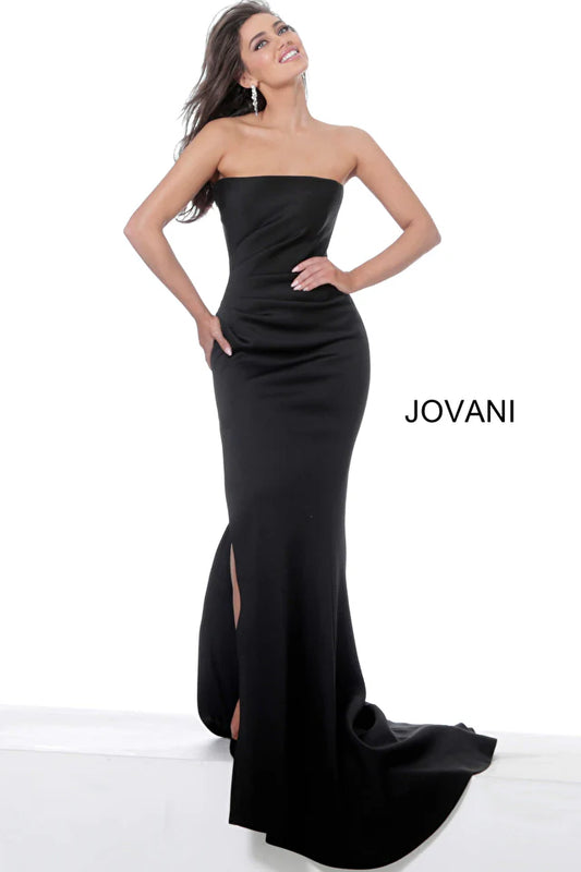 Jovani - Black Strapless Straight Neck Scuba Evening Gown - 94366