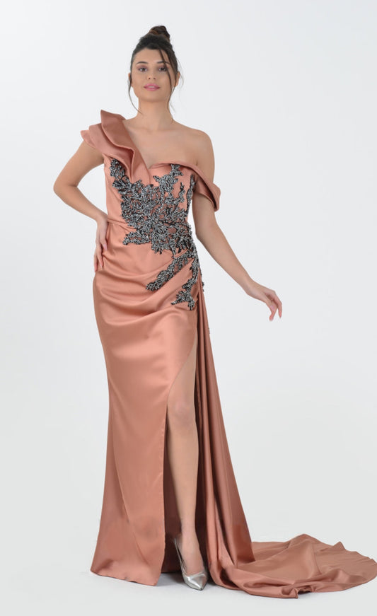 Neyom - Asymmetric Neckline Embellished Gown - 5117