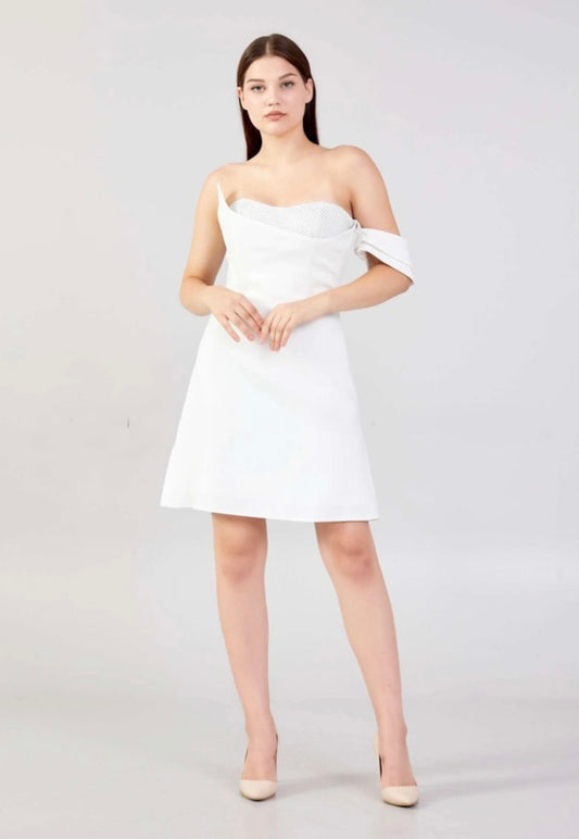 One Shoulder Mini Crepe Beaded Dress Style 23-419