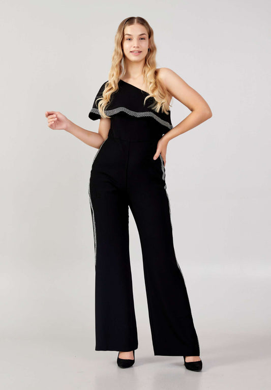 One Shoulder Crepe with Stones JumpSuit Style 23-360BB