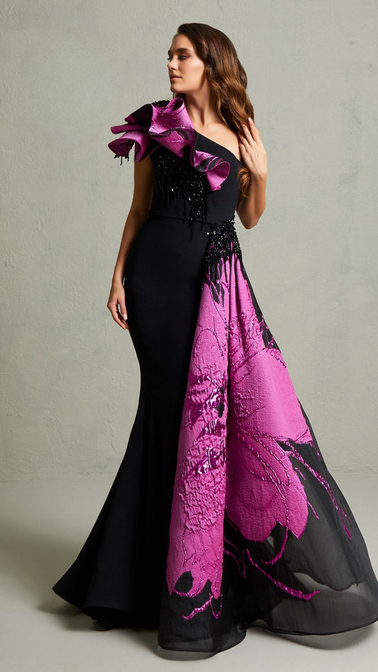 Elegant Contrast Lace Overlay Evening Gown Style 5707