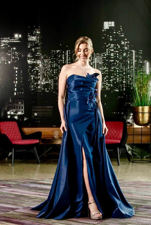 Strapless Satin Gown with Flowers On The Sides Style E40202